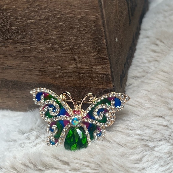 Ornate Green and Blue Gemstone Butterfly Brooch - Picture 3 of 8